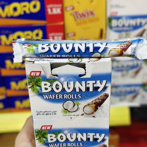 باونتي وافر رولز Bounty Wafer Rolls رول ويفر مقرمش محشي كريمة جوز الهند ومغطى بالشوكولاتة طعم استوائي خفيف ومقرمش 🥥